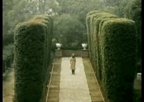 a woman in a trench coat is walking down a path surrounded by tall hedges