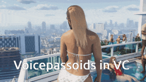 a woman in a bikini is standing on a balcony overlooking a pool