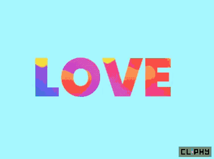 the word love is written in pink and orange on a blue background .