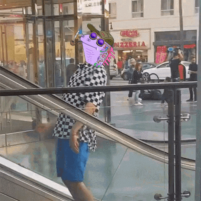 a man is walking down an escalator with a cartoon character on his head in front of a pizzeria