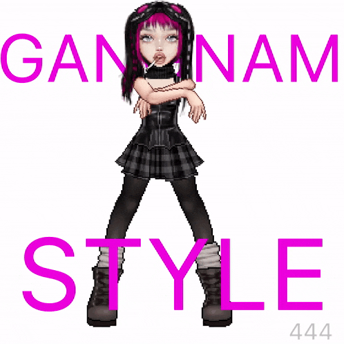 a girl with a lollipop in her mouth is standing in front of the words gannam style