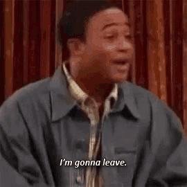 a man in a blue jacket is talking and saying `` i 'm gonna leave '' .