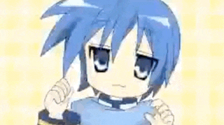 a close up of a cartoon character with blue hair and a blue sweater .