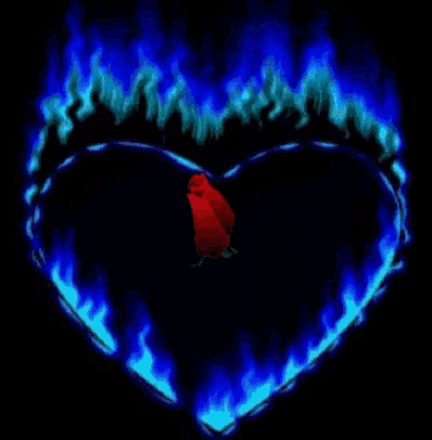 a red rose is in the middle of a heart made of blue flames
