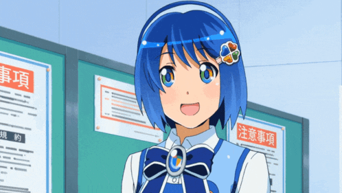 a girl with blue hair is standing in front of a bulletin board
