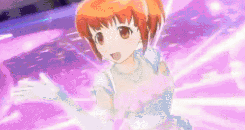 a pixel art of a girl with orange hair and white gloves on a purple background .