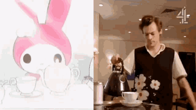a man is pouring tea into a cup next to a picture of a pink bunny rabbit .