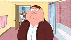 peter griffin from family guy standing in a bathroom next to a bathtub