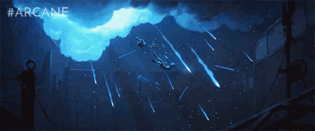 a poster for arcane shows a person falling into a storm
