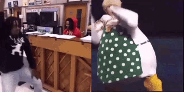 a woman in a red hoodie is standing in front of a piano next to a woman in a green and white polka dot dress