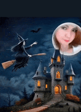 a witch is flying over a castle with a lightning strike