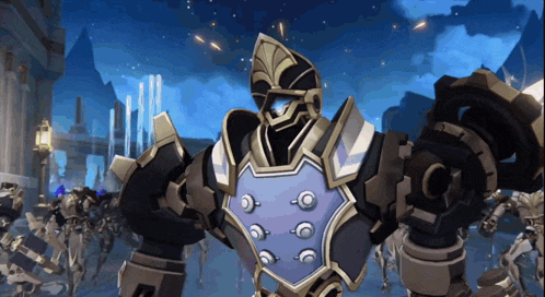 a video game character with a blue shield and a helmet