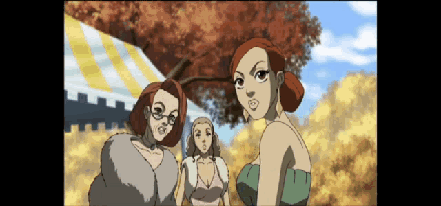 three women are standing next to each other in front of a tree