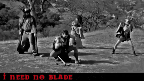 a black and white photo of people with the words i need no blade below them