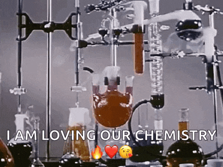 a picture of a chemistry lab with the words `` i am loving our chemistry '' written on the bottom .