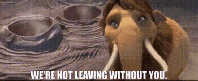 a cartoon elephant with the words " we 're not leaving without you " on the bottom