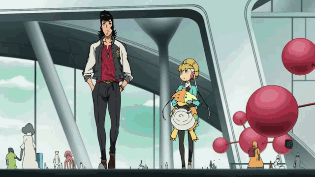 a man and a woman standing in front of a building