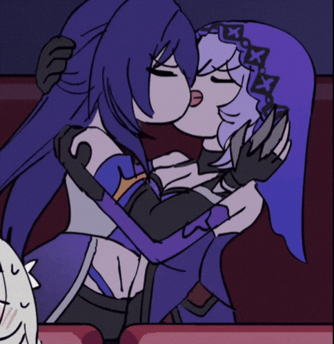 a cartoon of two women kissing each other with x 's on their heads