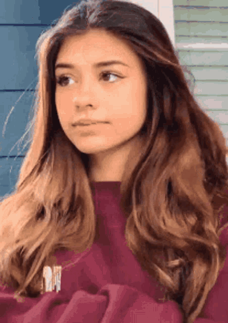 a young girl with long brown hair is wearing a purple sweater and looking at the camera .
