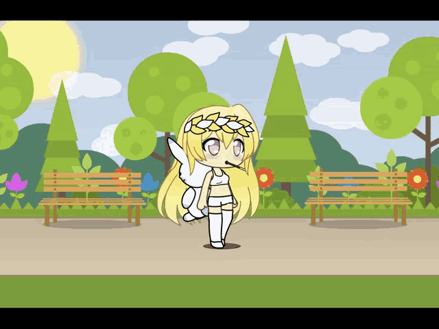 a cartoon girl with blonde hair and a flower crown on her head is standing in a park