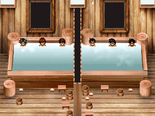 a group of people are taking a bath in two tubs