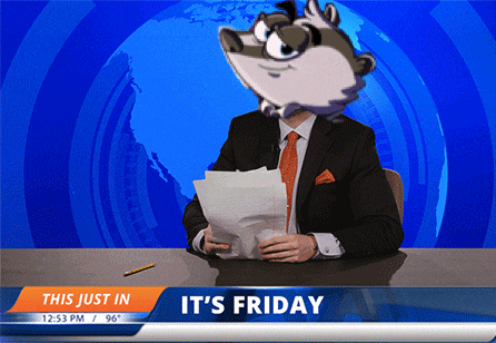 a news anchor is sitting at a desk holding a piece of paper with the words " it 's friday " above him