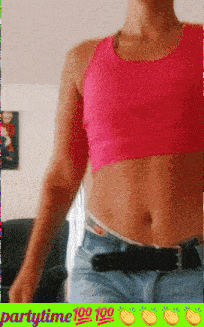 a woman in a pink tank top is standing in front of a sign that says partytime99 190