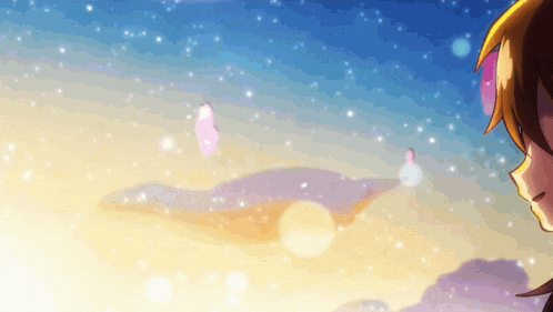 a close up of a person 's face against a blue sky with stars