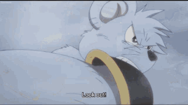 a cartoon character says look out while holding a bell