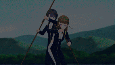 a couple of anime characters holding sticks in a field