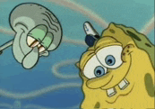 spongebob and squidward are standing next to each other in the water .