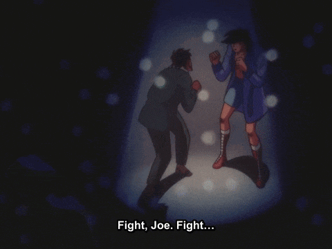 a man and a woman are fighting in a dark room with the words fight joe fight