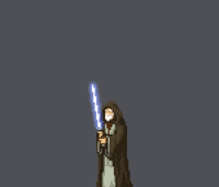 a pixel art illustration of a man holding a light saber