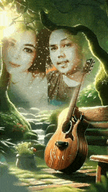 a picture of a man and a woman with a guitar in front of them