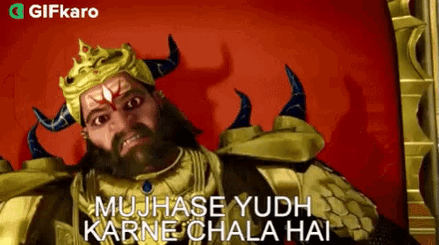 a man with a beard and horns is wearing a gold armor and a crown ..