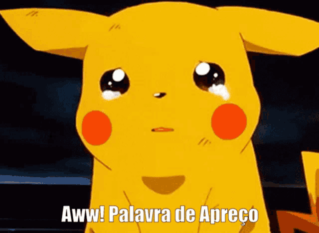 a cartoon pikachu is crying and has the words aww ! palavra de apreço below it