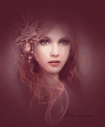 a close up of a woman 's face with a flower in her hair and a clock hanging from her neck