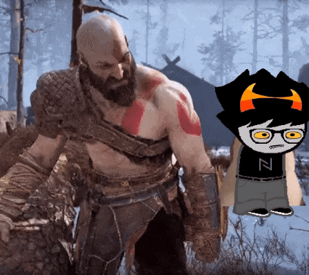 a cartoon of a man with a beard standing next to a cartoon of a boy with horns