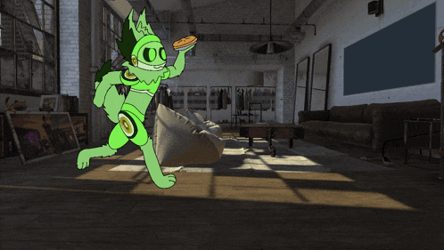a cartoon drawing of a green and purple furry character dancing