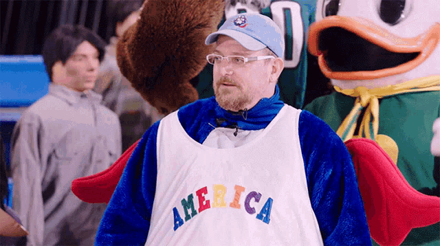 a man in a blue and white america jersey