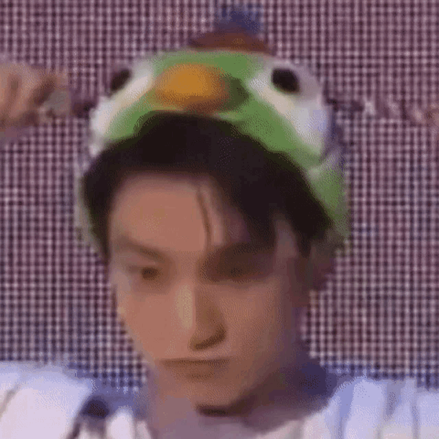 a man wearing a green hat with a bird on it .