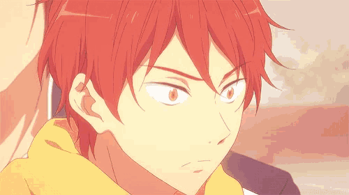 a close up of a red haired anime character