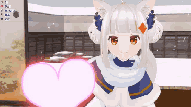 a girl with white hair and red eyes holds a pink heart