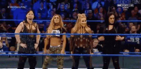 a group of wrestlers are standing in a wrestling ring in front of a crowd .