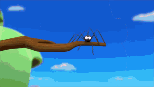 a cartoon spider is sitting on a tree branch with a blue sky in the background