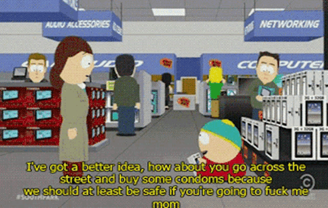 a cartoon scene from south park shows a woman talking to a boy