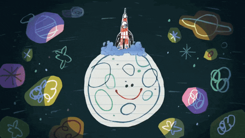 a drawing of a smiling moon with a rocket on top of it