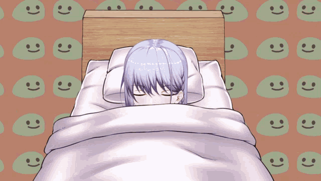a girl laying in a bed with smiley faces on the wall