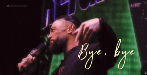 a man holding a microphone with the words bye bye written on the bottom