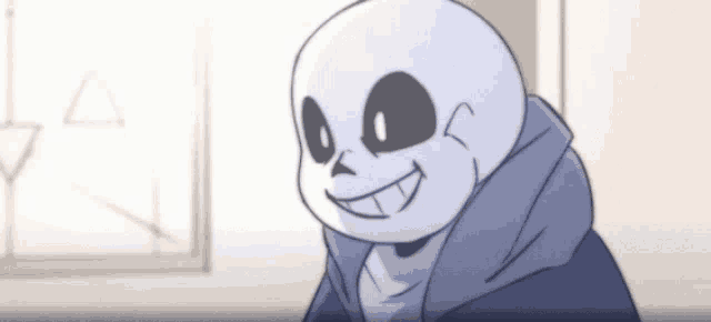 a cartoon of sans from undertale is smiling and wearing a blue hoodie .